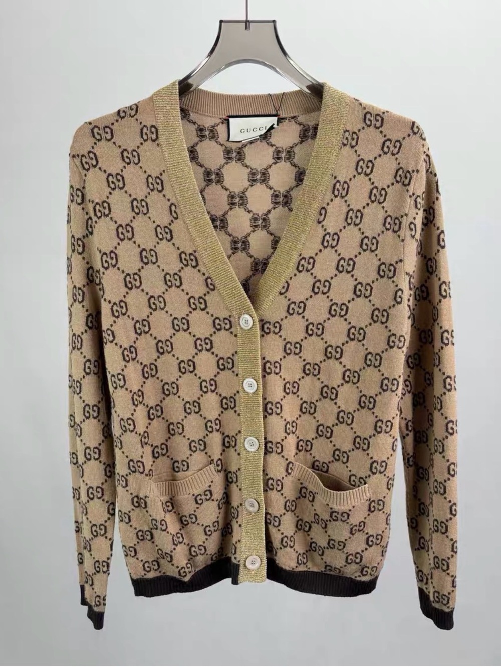 🚩steal Gucci Beige Monogram V-Neck Cardigan with Contrast Trim